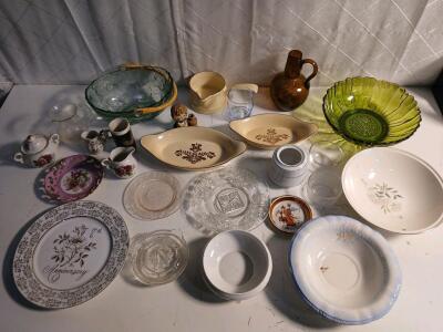 (1) Vintage Glass Fruit Basket (1) Vintage Green Glass Bowl (1) Vintage Glass Citrus Juicer & More