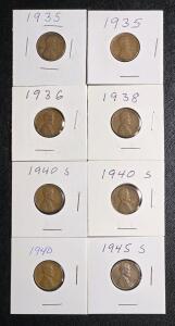 (8) Vintage 1935-1945 Wheat Pennies