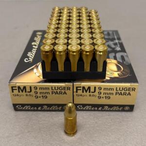 Sellier & Bellot 9mm Luger Ammunition, FMJ, 124 gr, 100 Rounds