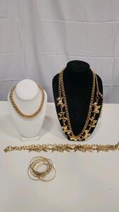 Gold Panther and Chain Link Necklaces with Matching Bangles Set