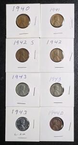 (8) Vintage 1940-1944 Wheat Pennies