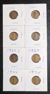 (8) Vintage 1919-1934 Wheat Pennies