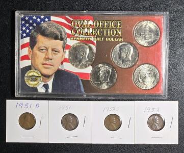 (4) Vintage 1951-1952 Wheat Pennies & Oval Office Collection Kennedy Half-Dollar Set