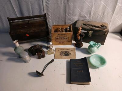 (1) Vintage U.S.N.A. 1946 Blue Jackets Manual (1) Vintage Wooden Picnic Chest & More