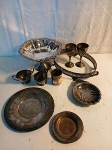 (2) Silver-Plated Chalasses (1) Silver-Plated Cream And Sugar Dish Set & More