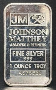 Johnson Matthey 1 Ounce Troy Silver Bar, Purity 999, Serial A676822