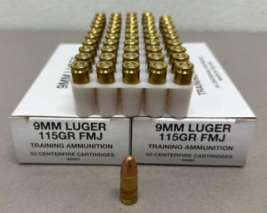 9mm Luger 115gr FMJ Training Ammunition, Model 95000, 100 Rounds