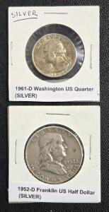 1952-D Silver Franklin Half-Dollar & 1961-D Silver Washington Quarter