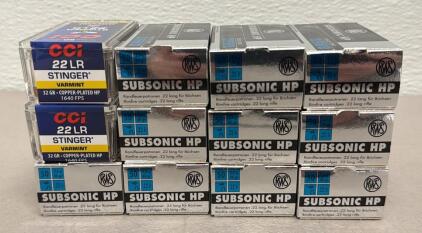 (600) Cartridges RWS Subsonic HP & CCI Stinger Varmint .22 LR Ammo, 50 Rounds Each