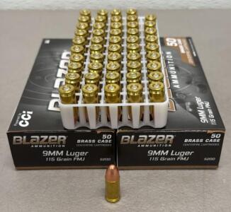CCI Blazer 9MM Luger 115 Grain FMJ, Brass Case, 100 Rounds