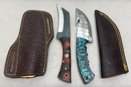 Custom Damascus Steel Hunting Knives with Leather Sheaths