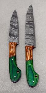 (2) Damascus Steel Fixed Blade Knives, Wood Handle, Full Tang, 11" Overall Length