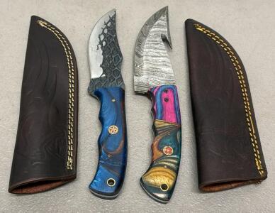 Custom Damascus Steel Hunting Knives with Resin Handles, Leather Sheath