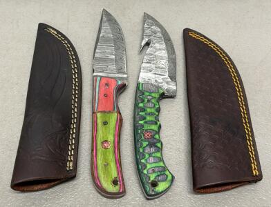 (2) Custom Damascus Steel Hunting Knives with Leather Sheaths, Multi-colored Handles
