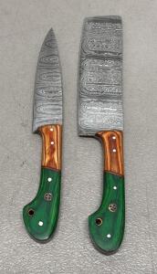 Custom Damascus Steel Chef's Knife and Cleaver Set with Green/Brown Wood Handles
