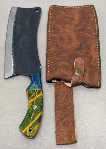 Custom Handmade Cleaver Knife with Leather Sheath, Resin Handle