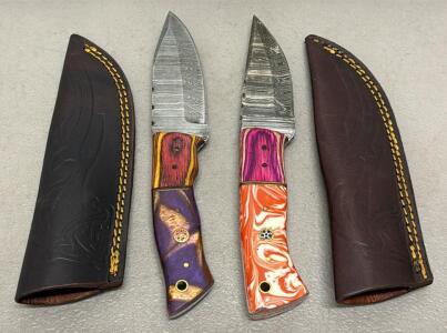 (2) Damascus Steel Fixed Blade Knives, Multi-colored Resin Handles, Leather Sheaths