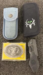 Idaho Hunter Belt Buckle And Various Pocket Knives