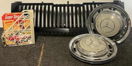Set Of Vintage Mercedes Benz Hubcaps, Front Replacement Grille For Chevrolet & Collction Of Vintage Car Nostalgia Magazines