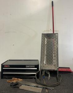 Shop / Warehouse Goods Including Propane Heater, Craftsman Toolbox, Push Broom & Saws