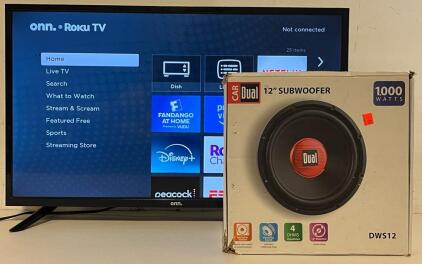 Onn. 32&rdquo; Class HD 720P LED Roku Smart TV & Dual Electronics DWS12 12&rdquo; Car Subwoofer