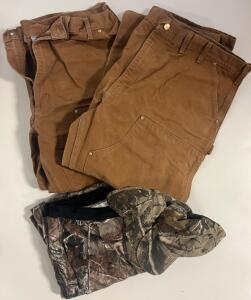 Men&rsquo;s Clothing Including (2) Pairs Of Carhartt Double-Knee Work Pants (44x30), Camo Long John&rsquo;s & Camo Hats