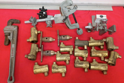 18" Aluminum Light Weight Lenox Pipe Wrench, Number 30 Pipe Cutter On Adjustable Mounting Bracket, Various Brass Pipe Pieces