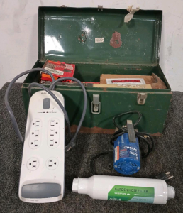 Green Metal Tool Box, (3) Various Air Filters, 115 Volt Self Priming Transfer Pump, Garden Hose Filter And More