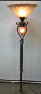Dark Brown Metal Torchiere Floor Lamp With A Glass Shade