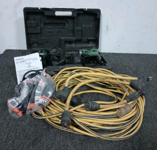 Hitachi 18DVF3 Cordless Drill And Flashlight With 1 Battery And Charger, 50' Heavy Gauge Extension Cord, (2) 3:1 Adapters And 1 3 Prong To Dryer Prong, And More!