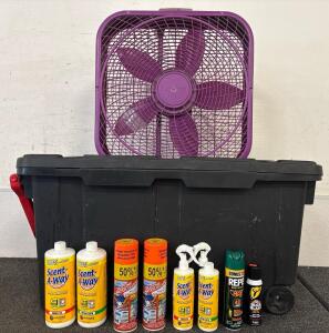 (1) Lasko Fan Various Hunters Sorays Including Scent A Way And Buck Blast (1) 18x35 Black Tote On Wheels With Handle And Locking Lid