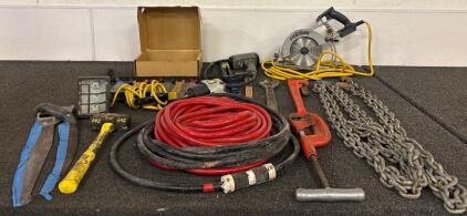 Tool Lot Including Various Saw Blades (1) Skilsaw (1) Wrench Set (1) Staple Gun Air Hoses (1) Tow Chain And More