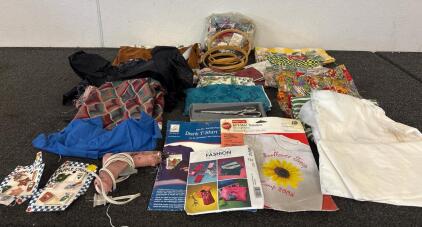 Sewing Lot Various Fabric Including Floral,l Solid And Stiped Tshirt Transfers (1) Hot Glue Gun (2) 6 Pack Glass Buttons And More