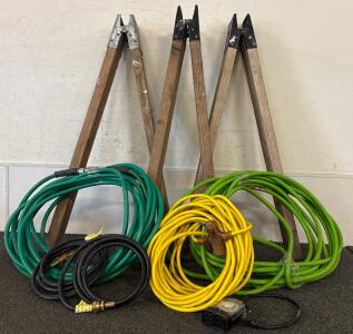 (3) Saw Horse Legs Wooden With Metal Brackets (2) Long Air Hoses (2) Short Air Hoses (1) Outdoor Extension Cord And Outdoor Timer