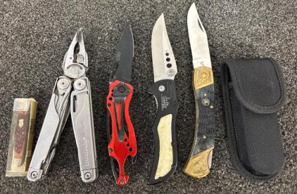 Various Pocket Knives Including Leatherman Surge Hibben Knives And Whitetail Cutlery