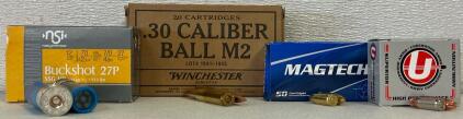 Multi-Caliber Ammunition Lot: Winchester .30 M2, Magtech 9mm, Underwood 9mm +P+, Buckshot 27P, 117 Rounds Total