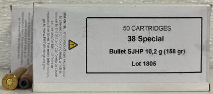 (2) Full Boxes 38 Special Ammunition, SJHP 158 gr, 50 Rounds