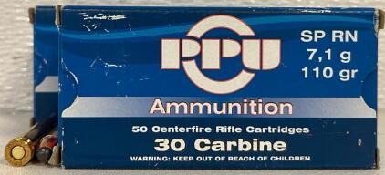(2) Full Boxes PPU .30 Carbine Rifle Ammunition, 110gr SP RN, 50 Cartridges