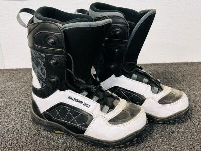 Pair Of Size 8 Millennium Three Snowboard Boots (Black and White)