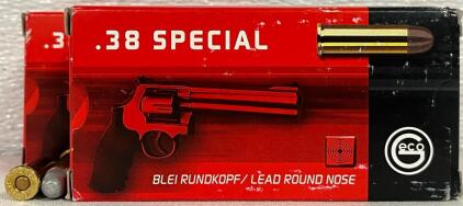 (2) Full Boxes GECO .38 Special Ammunition, Lead Round Nose, 158 gr