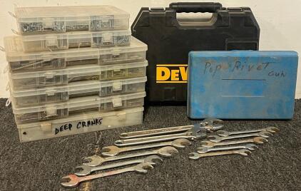 Tools & Hardware Including Bits, Screws, Bolts, Wrenches, Pop Rivet Gun & DeWalt Toolbox