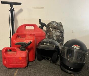 Off-Roading Supplies &mdash; (2) Helmets, (3) Gasoline Cans, ATV Cover & Tire Pump