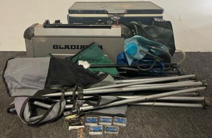 Hunting & Camping Goods Including Coleman Gladiator Portable Stove, Coleman Steel Belted 54 Cooler, (2) Camp Chairs, Water Bags & Arrow Heads