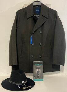 Nautica Men&rsquo;s Wool Blend Peacoat (L), Monterra Hats Black Felt Hat (M) & Mens Electric Razor