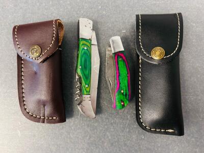 Folding Knives with Leather Sheath, Damascus and Stainless Steel Blades