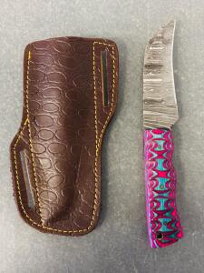 Damascus Steel Custom Knife with Pink and Blue Micarta Handle, Leather Sheath