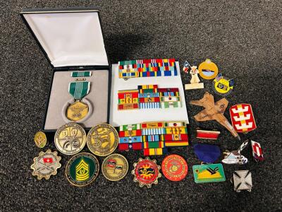Military Medals and Pins Collection with Meritorious Service Medal, Challenge Coins