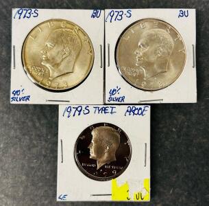 1979-S Kennedy Half Dollar Proof, 1973-S Eisenhower 40% Silver Dollar BU