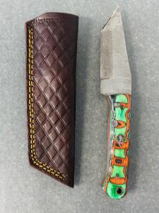 Custom Fixed Blade Knife, Damascus Steel, Wharncliffe Blade, Leather Sheath