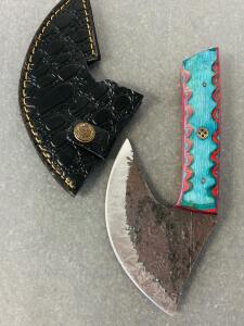 Handcrafted Knife, High Carbon Steel Blade, Dyed Wood Handle, Leather Sheath